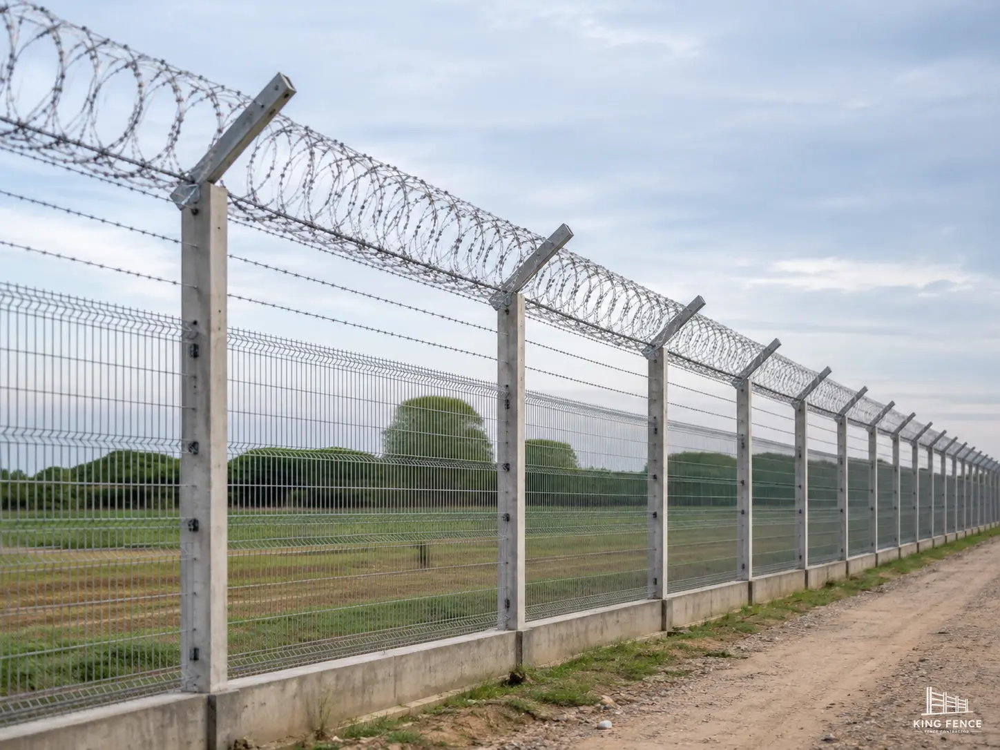 งานติดตั้งรั้วลวดหนามหน้างานจริงโดยทีมช่าง King Fence เห็นแนวลวดและเสา
